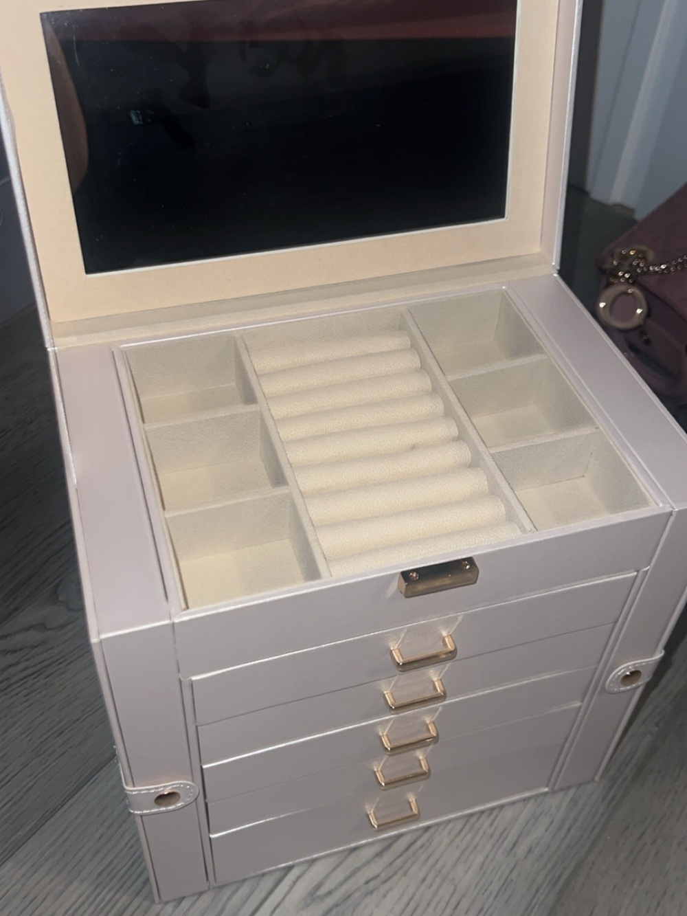 Cream Jewelry Organizer Box with Mirror - Multi-Drawer Home Storage